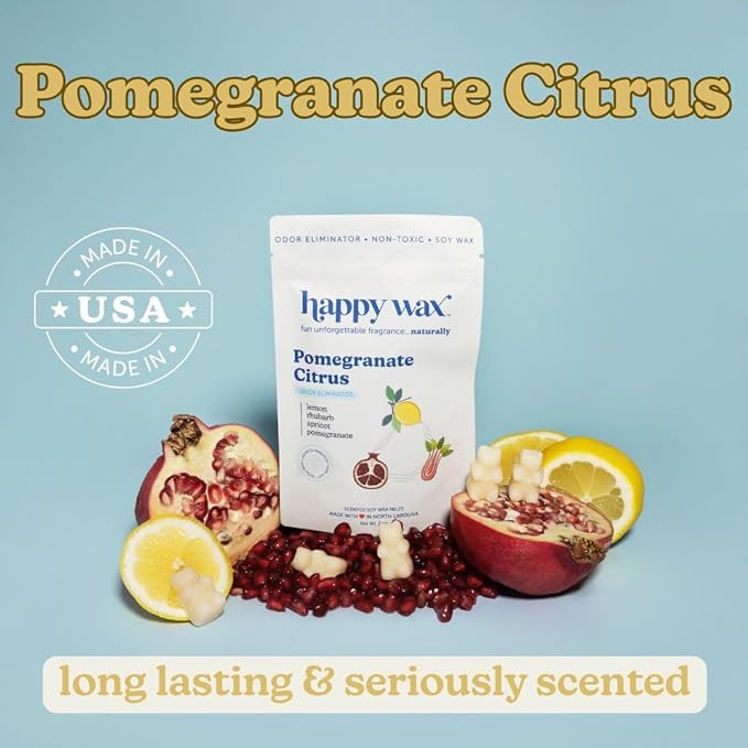 Happy Wax Odor Eliminating Scented Soy Wax Melts – Pomegranate Citrus – Pet-Safe, Non-Toxic, Perfect for Use with Wax Warmers - for Home Fragrance & Freshness - 4 oz Pouch