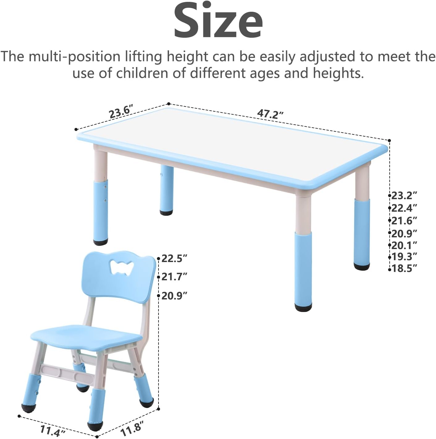 Children's Table and Chair Set Suitable for Boys and Girls Age 2-12 Height Adjustable Table top Can be Painted with 6 Seats Suitable for Family Learning Daily use (Sky blueBlue)
