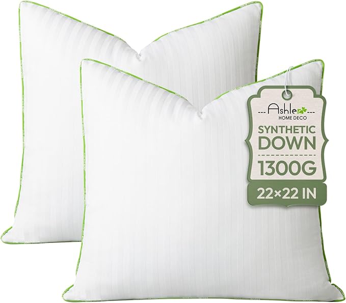 Ashler Home Deco Synthetic Down Pillow Inserts, 22x22 Down Alternative Throw Pillows Insert Sleeping Pillows with 100% Cotton Cover Decorative Pillow Stuffer for Sofa, Couch Bed(Set of 2, White)