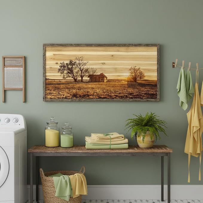 Farmhouse Picture Framed Wall Art: Large Bedroom Wooden Farm Country Painting Horizontal Old Barn Cabin Sunset View Artwork Big Panoramic Nature Landscape Natural Scene Print for Home Living Room