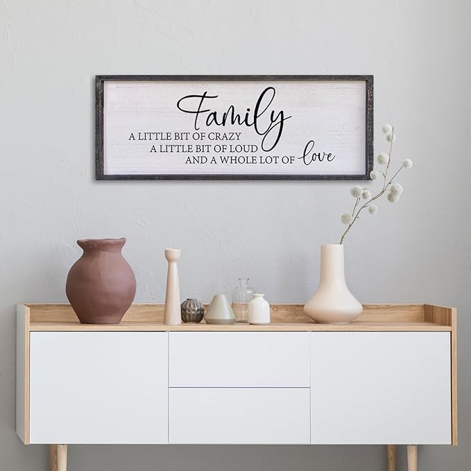 Family A Little Bit Of Crazy Sign Wall Decor 32"×12" Rustic Farmhouse Living Room Large Soild Wood Framed Hallway Hanging Sign Aesthetic Inspirational Quotes Entryway Home Wall Art (Black)