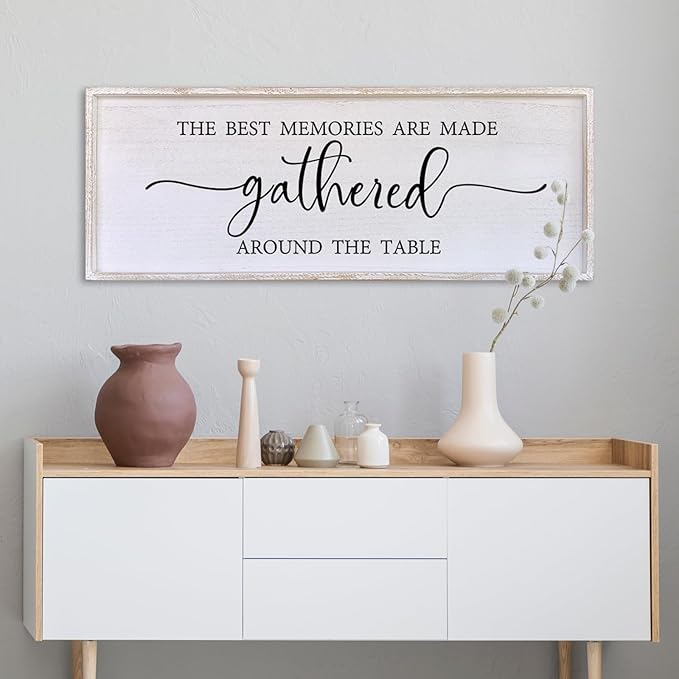 The Best Memories Are Made Gathered Around The Table Wall Decor 40"x15" Large Rustic Farmhouse Dining Room Wood Framed Modren Signs Kitchen Home Simple Hanging Wall Art (White)