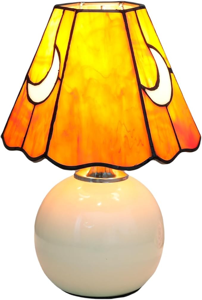 Tiffany Style Moon Mushroom Stained Glass Table Lamp Orange Small Table Lamp Bedroom Bedside lamp Living Room Dining Room Office Decoration Desk lamp Home Decoration Creative Gift