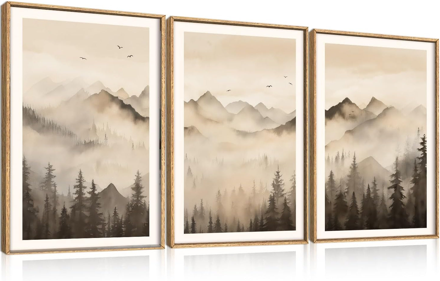 Celestdeco Nature Misty Forest Framed Canvas Wall Art Set, Foggy Landscape Wall Decor, Watercolor Pine Tree Wall Painting, Large Mountains Art Print for Living Room, Bedroom, Office - 16"X24"X3