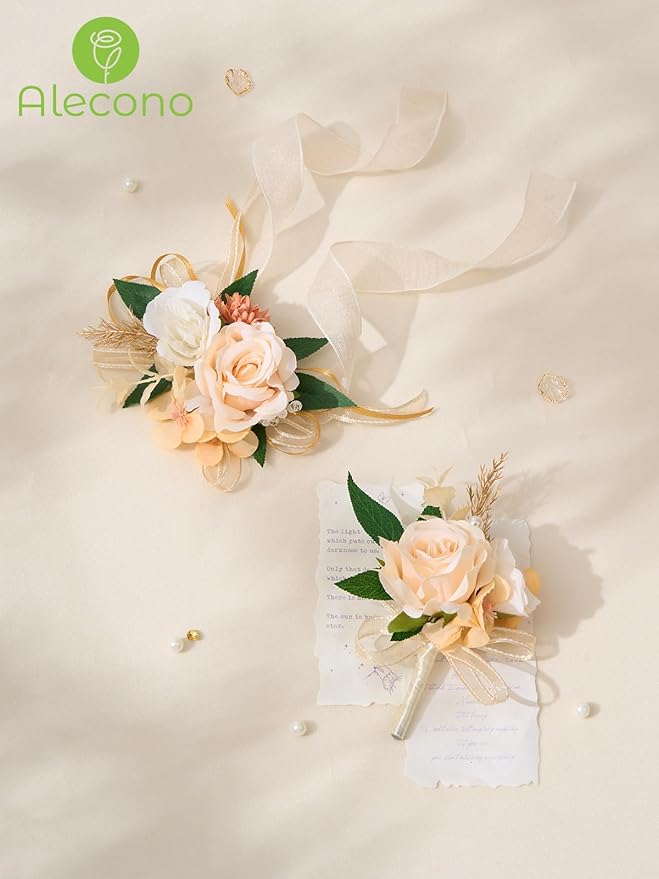 Alecono Champagne Corsage and Boutonniere Set, Corsages for Bride Bridesmaid Groom Bridegroom, Artificial Flowers for Prom Graduation Ceremony Anniversary
