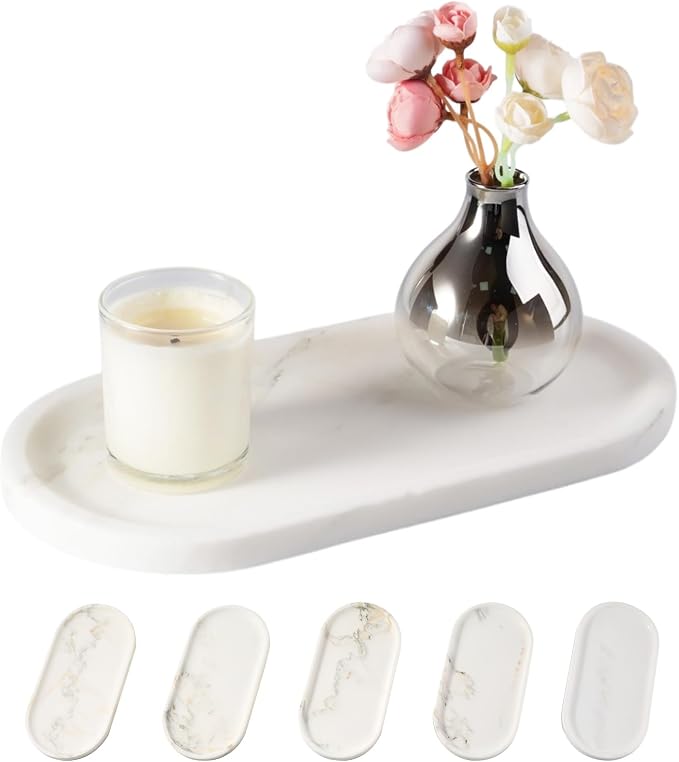 Koville Natural Marble Tray for Bathroom Countertop, Marble Storage Trays for Perfume, Cosmetics, Jewelry, Vanity Tray Stone Trays for Kitchen, Decorative Tray for Dresser Organizer(Calacatta White)