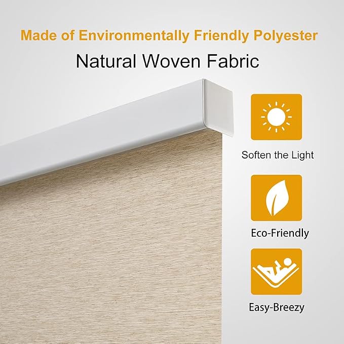 Persilux Free-Stop Cordless Window Shades Light Filtering Roller Shades for Windows (Khaki 23" x 72") Natural Woven Fabric UV Protection Thermal Insulation Roller Blinds for Windows, Home, Door