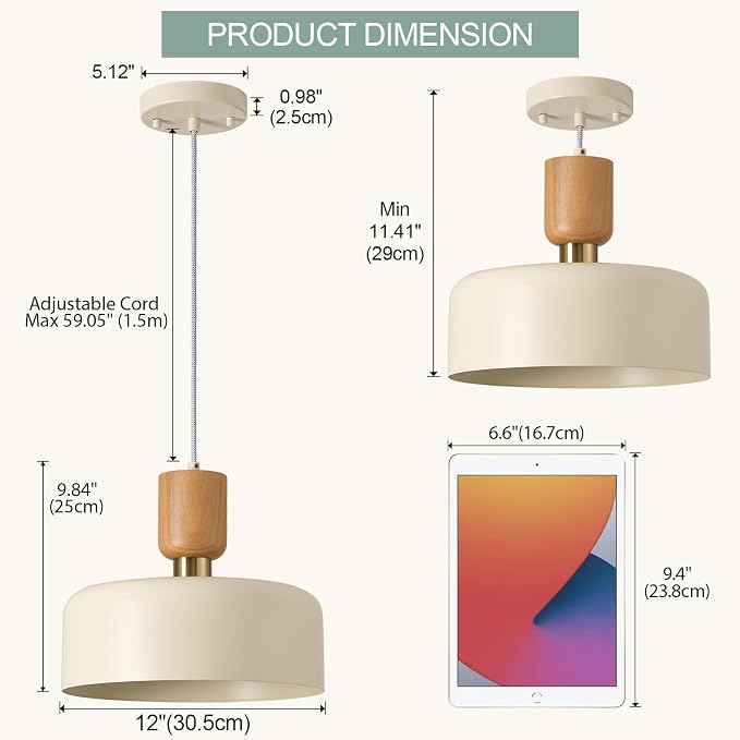 TeHenoo Modern Pendant Lighting, Soft Cream, 12 inch | Natural Wood and Brass Accent, Adjustable, For Kitchen Island, For Dining Room