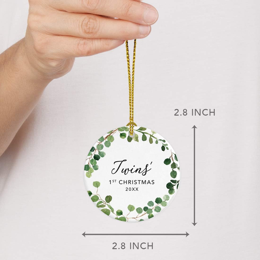 Andaz Press Custom Year Round Ceramic Porcelain Christmas Tree Ornament Keepsake Collectible Gift, Twins' 1st Christmas 2024, Farmhouse Eucalyptus Wreath, 1-PackTwin