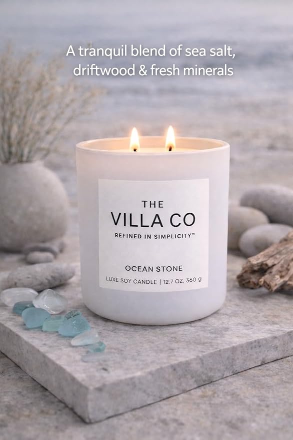 | Ocean Stone | Scented Candle for Women & Men | Hand-Poured, Aromatic & Fragrant | 60 Hour Burn Time 12 OZ | Soy Based | Phthalate Free | Made in USA