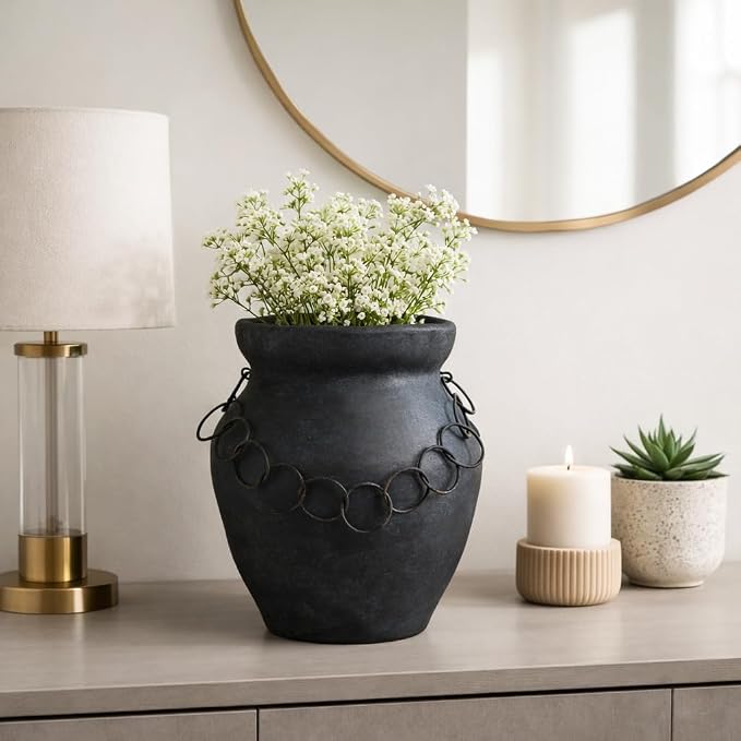 Terracotta Pottery Vase – Decorative Flower Holder for Stems and Greenery, Living Room or Office Tabletop Home Decor, Rustic Metal Chain Accent for Collected, Layered Style – 12", Black