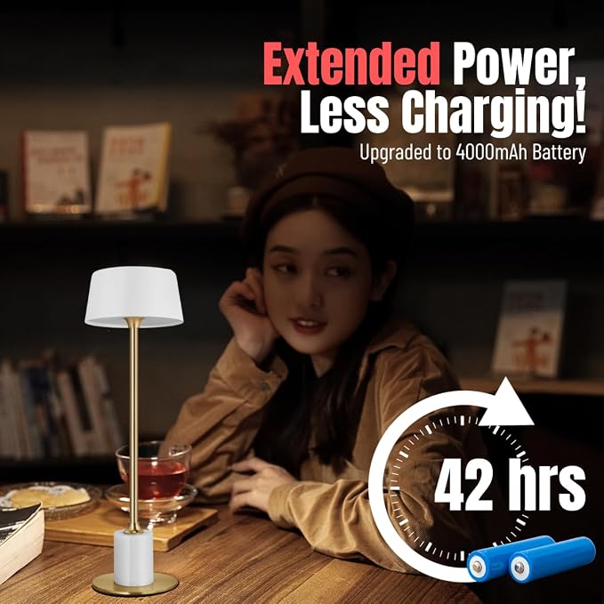 Cordless Table Lamp,Rechargeable and Battery Operated, Powered by 4000mAh Battery, 42-Hour Run Time, 3 Level Dimmable, White and Gold Lamp for Bedrooms, Restaurant, Buffet, Patio