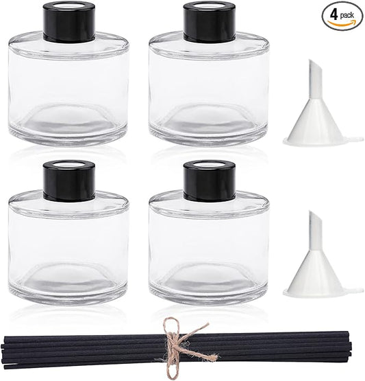 4PCS Fragrance Glass Diffuser Bottles, Refillable Diffuser Bottles with 20pcs Reeds Sticks & Black Caps & Funnel, Diffuser Jars for Home Oil Fragrance Decoration Girl Women Gift (150ML)