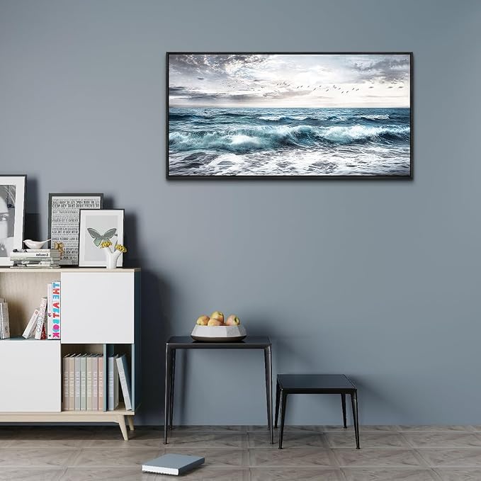 QIYILEXWART Black Framed Large Canvas Wall Art For Living Room Wall Decor For Bedroom Office Wall Decoration Ocean Waves Painting Modern Watercolou Picture Artwork Ready To Hang Home Decor