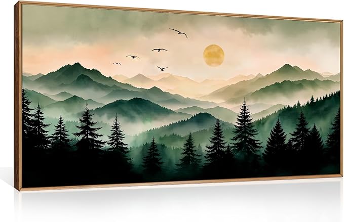 Large Boho Mountain Framed Canvas Wall Art Set 20"x40"x1 | Misty Forest Landscape Green Pine Tree Wall Painting Nature Sunrise Art Prints Living Room Bedroom Dining Room Office
