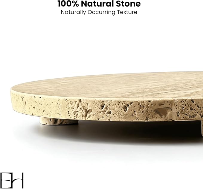 Beige Travertine Marble Riser - Round Pedestal Marble Trivet Vanity Tray with 3 Feet, Minimalist Stone Display Stand for Bathroom Counter, Kitchen, Perfume, Jewelry & Scented Candles (Middle)