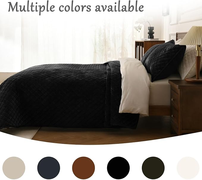 3-Piece Velvet Quilt Set King Size 98"x106" Bed Blanket Quilted Bedspread Soft Luxury Bedding with 2 Pillow Shams 20''x36'' for All-Season,Black