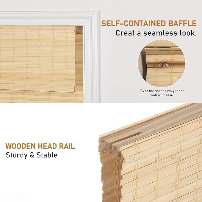 SEEYE Cordless Bamboo Roman Shades, Blackout Natural Bamboo Blinds for Indoor Windows, Roll Up Blind Privacy Shade for Home, Office, Door, UV Resistant & Easy to Install, 30" W x 64" H, Natural