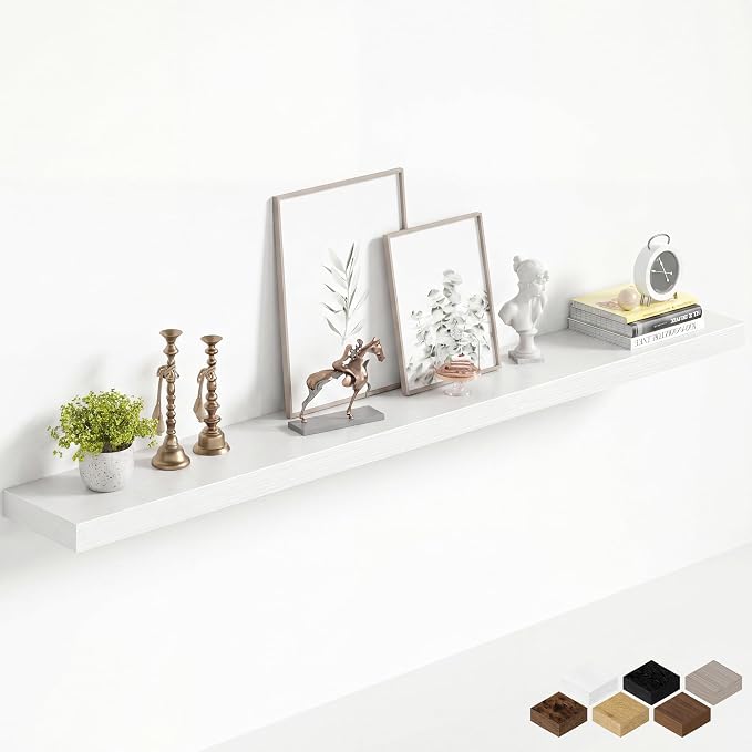 Fun Memories 60Inch Long Floating Shelves, 8 Inch Deep Shelves for Bedroom|Living Room, Wall Mounted Wood Hanging Shelf with Invisible Brackets for Fireplace Mantel Home Storage Decor, White - 1 Pack
