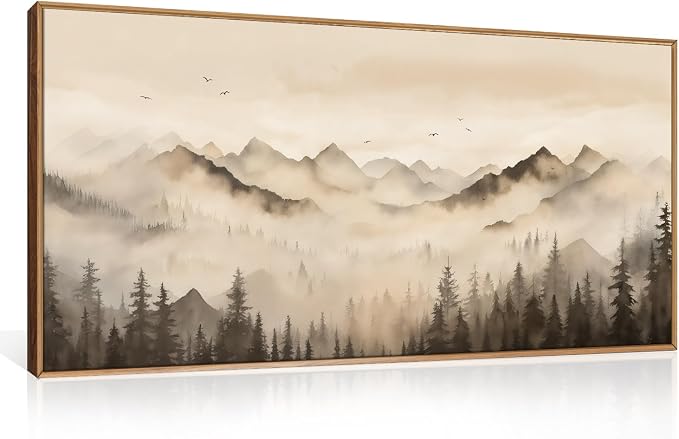 Neutral Misty Mountain Forest Framed Canvas Wall Art Set,Nature Foggy Pine Tree Landscape Wall Decor,Watercolor Beige Brown Scenery Artwork for Living Room,Bedroom,Office-40 x20 x1