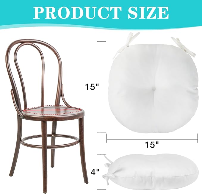 White Bistro Chair Cushions Set of 2, Round Seat Chair Pads with Ties for Dining Room Patio