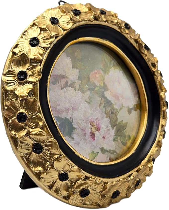 SYLVIA'S SHOP 3x3 Small Vintage Round Picture Frame, Mini Antique Gold Ornate Circle Photo Frame, for Tabletop and Wall Display, Decorative Floral Design Retro Home Decor, Photo Gallery Art