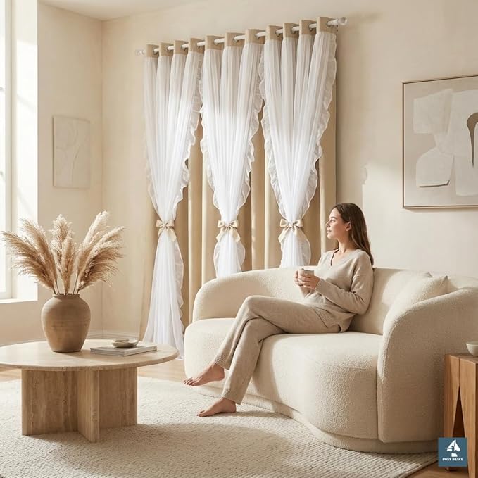 PONY DANCE Girls Curtains for Bedroom Decorative Drapes for Kids Double Layer Curtain Ruffle Sheer Overlay Room Darkening Pretty Chic Princess, 52x84 inch, Biscotti Beige, 2 PCs
