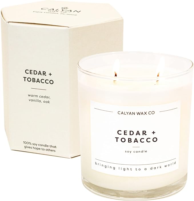 Calyan Wax Co. Cedar & Tobacco 2 Wick Scented Candle - 37 Hour Burn - Luxury Clean Soy Wax Candles - Long Lasting Large Glass Jar Candle for Home - 8.8oz