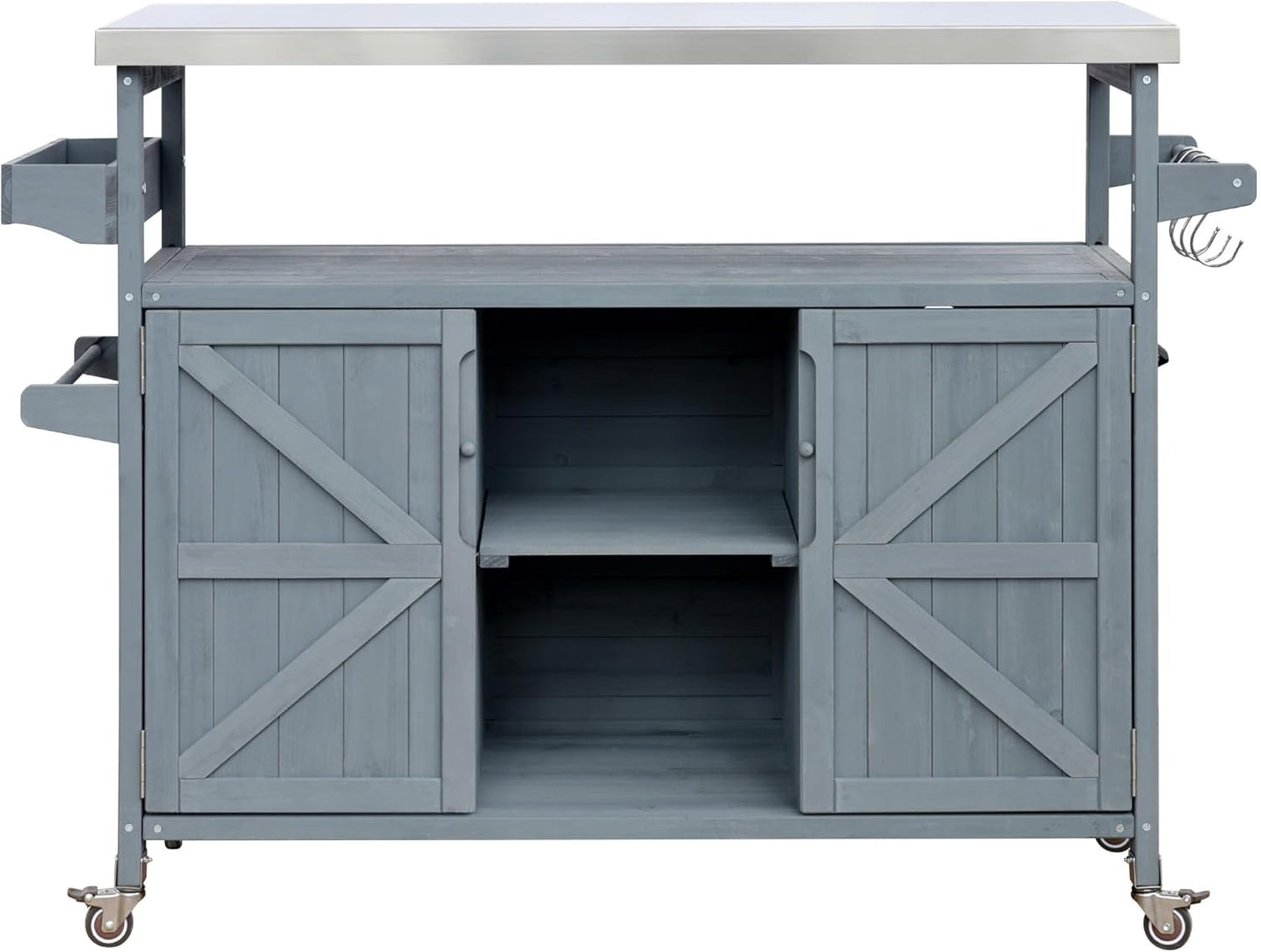 Outdoor Solid Wood Grill Table with Stainless Steel Top, Farmhouse Kitchen Island with Storage Cabinet, Outdoor Bar Cart with Internal Storage Rack, Spice & Towel Rack, Grey Blue