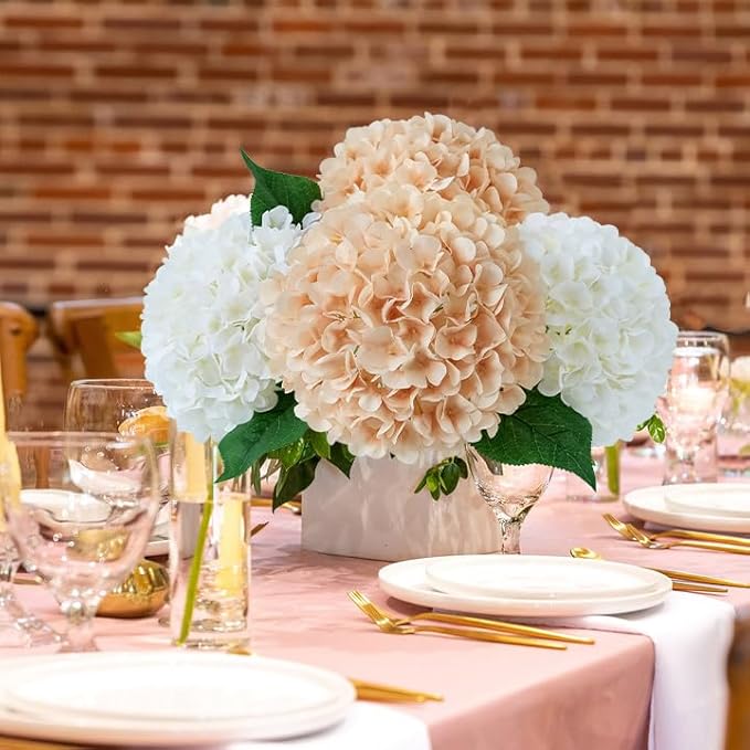JINWOE Light Coffee Boho Silk Hydrangea Artificial Flowers, 4Pcs 22Inch Full Fake Artificial Hydrangeas with Stems for Bouquet Table Centerpieces Home Decoration Porch Outdoor