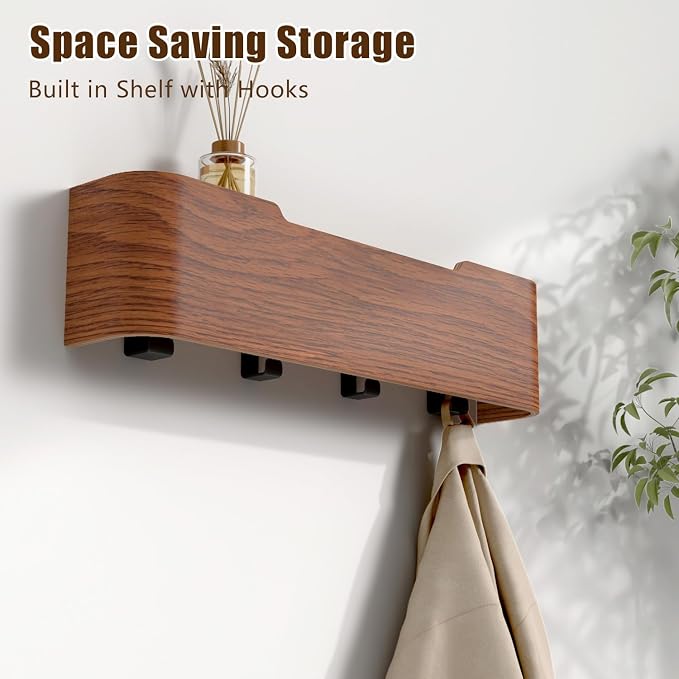 Coat Rack Wall Mount with Hidden Hooks, Wall Hooks with Shelf, Wall Key Holder Mount Wooden Shelf Entryway Hooks for Bedroom Bathroom for Hanging Coats Hats Bags Towels (Walnut, 4 Hooks)