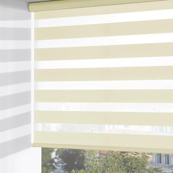 ChrisDowa Cordless Zebra Blinds for Windows, Dual Layer Free-Stop Light Filtering Window Roller Shades, Pull Down Privacy Zebra Shades for Home, Office, Bedroom, Door (61" W x 72" H, Beige)