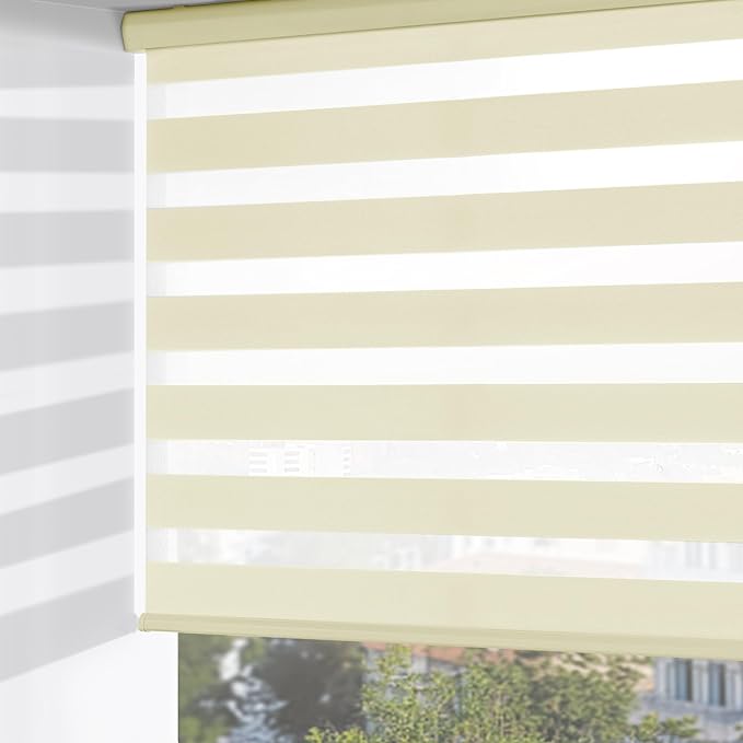 ChrisDowa Cordless Zebra Blinds for Windows, Dual Layer Free-Stop Light Filtering Window Roller Shades, Pull Down Privacy Zebra Shades for Home, Office, Bedroom, Door (55" W x 72" H, Beige)