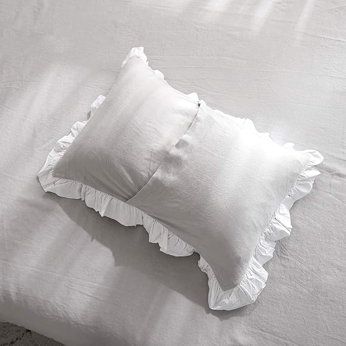 Simple&Opulence 100% Linen Duvet Cover Set (78"X86") Floral Flax Full Size, Shabby Chic Ruffle Edge Lace Insert Decoration, 3 Pcs Farmhouse Bedding-1 Comforter Cover 1 Pillow Shams, Floral Grey