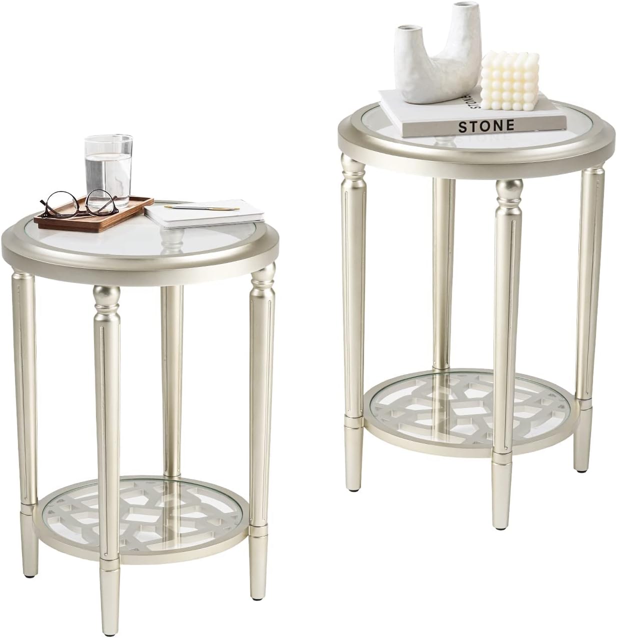 COSIEST Set of 2 Modern Round End Table, 2-Tier Glass Side Table with Glass Tabletop, Wood Accent Table with Storage Shelf for Living Room, Bedroom