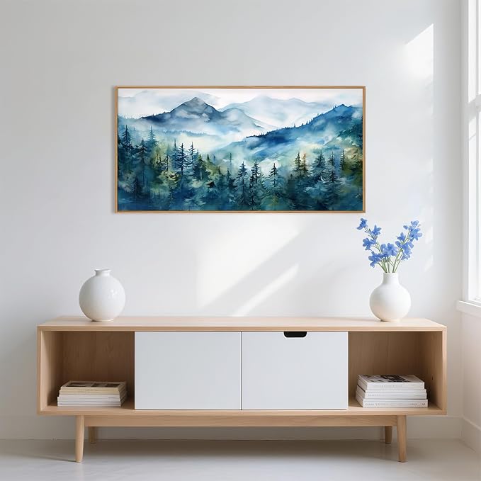 Blue Ridge Mountains Forest Framed Canvas Wall Art Set, Natural Landscape Wall Decor, Green Pine Trees Wall Painting, Woodland Artworks for Living Room, Bedroom, Dining Room-20"x40"