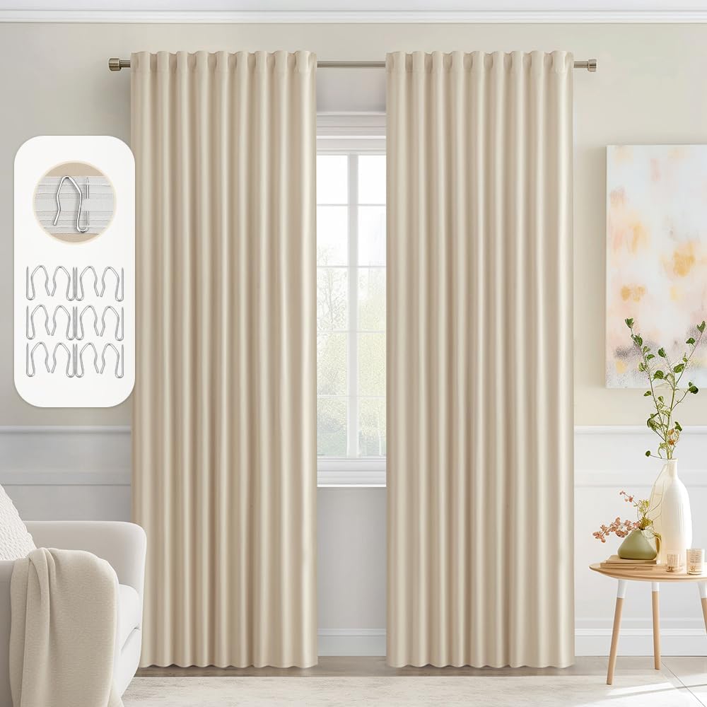 MIULEE Cream Beige Back Tab Light Blocking Curtains 80 Inch Length 2 Panels Set for Living Room Bedroom Privacy, Rod Pocket/Pinch Pleat Thermal Insulated Room Darkening Pleated Blackout Drapes