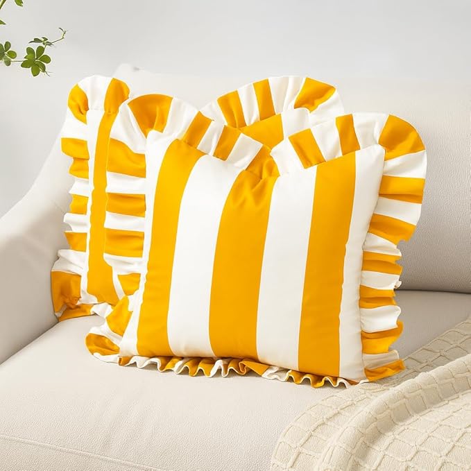 MONDAY MOOSE Decorative Throw Pillow Covers, Set of 2 Water-Resistant Striped Design with Ruffle Edge for Outdoor/Indoor Use, Pillow Inserts Not Included (20x20 inch, Golden Yellow/White)