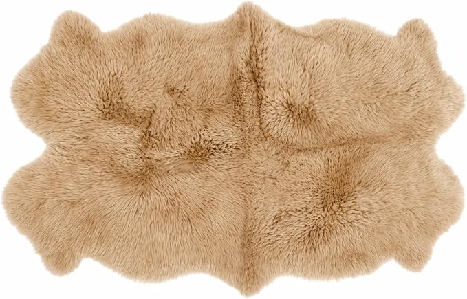 Quad Sheepskin Area Rug 4x6 Ft – 100% Genuine Lambskin – Soft & Fluffy Light Beige Rug for Living Room or Bedroom – Made in Argentina
