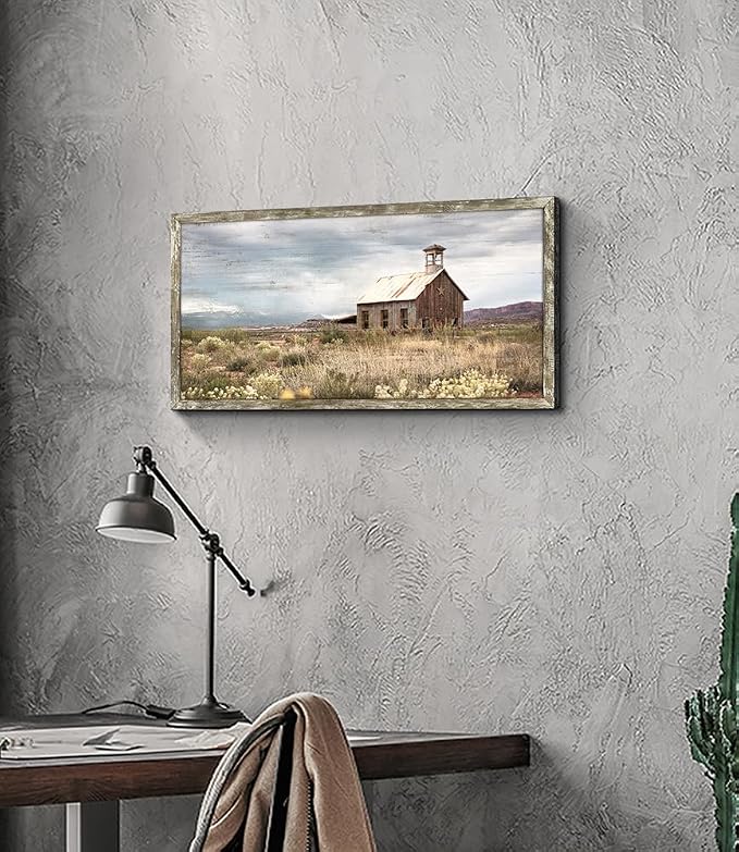 Farmhouse Wall Art Barn Picture: Rustic Framed Country Print Wood Decor Living Room Horizontal Farm Scene Countryside View Painting Bedroom Panoramic Nature Landscape Artwork for Home Office