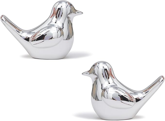 Small Silver Bird Statue Ceramic 2-Piece Set, 3¾ inch Cute Knick Knack for Home Office Shelf Desk Decor