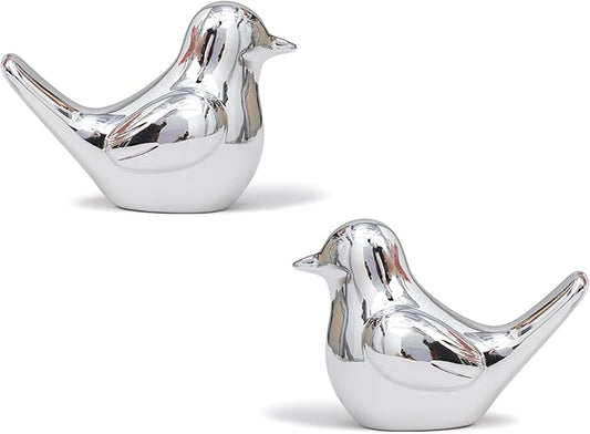 Small Silver Bird Statue Ceramic 2-Piece Set, 3¾ inch Cute Knick Knack for Home Office Shelf Desk Decor