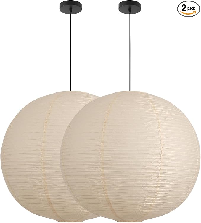 Large Paper Pendant Light with Cord and Canopy, 23.6in Off-White Rice Paper Hanging Lamp, Japanese Japandi Wabi Sabi Lantern Lamp Chandelier for Living Dining Room Bedroom Kitchen 2 Pack