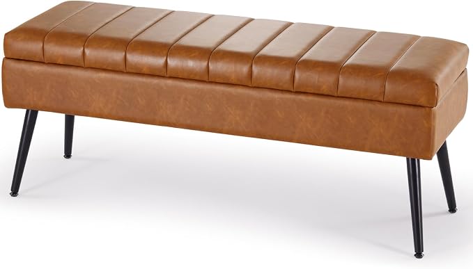Storage Ottoman Bench, 43.5" Faux Leather Upholstered Entryway Bench, Long Ottoman with Storage for Living Room, Support 660lbs - Cognac Brown