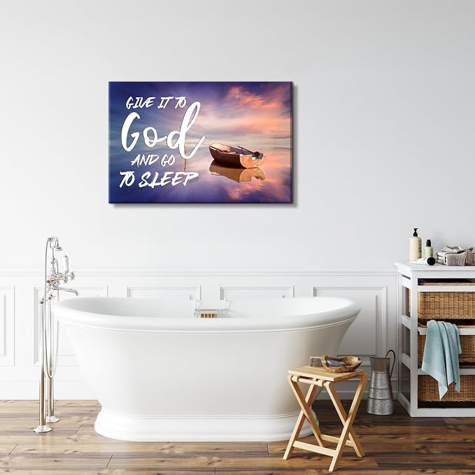 Give it to God and Go to Sleep Canvas Wall Art Christian Quotes Wall Decor Beach Themed Religious Pictures Prints Artwork Bedroom Kitchen Painting Christian Bible Verse Artwork Home Decorations 24x36"