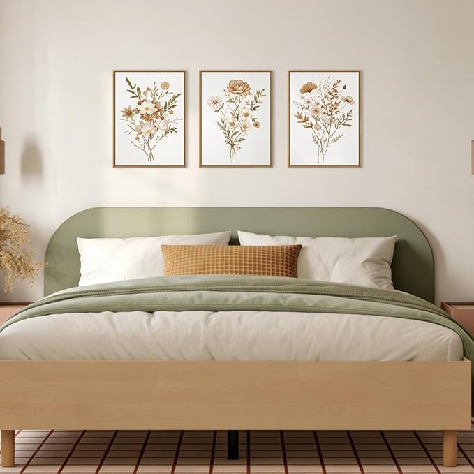 KAIRNE Neutral Boho Floral Framed Canvas Wall Art Set, Vintage Botanical Flower Wall Decor, Minimalist Wildflower Art Prints, Modern Beige Artwork for Living Room, Bedroom, Farmhouse, Office-12"x16"x3