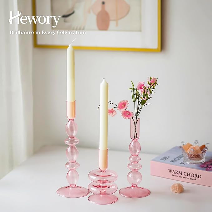 Hewory Glass Pink Candlestick Holders: Set of 3 Taper Candle Holders Vintage Candle Stick Candleholder, Colorful Glass Bubble Candleholders for Table Centerpiece, Wedding, Dinner, Party, Home Decor