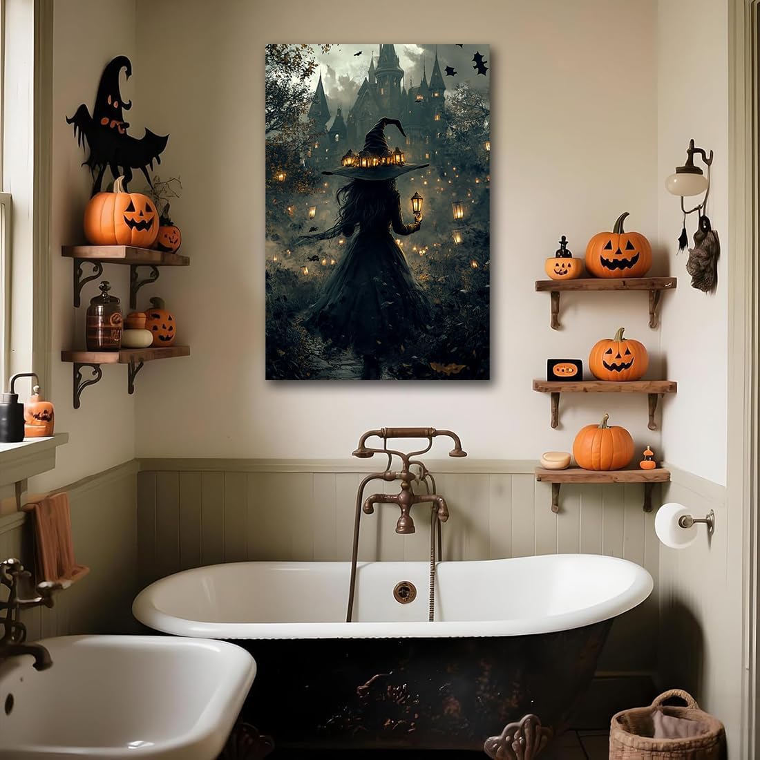 Halloween Witch and Haunted House Canvas Wall Art,Dark Academia Scary Witch Castle Posters Prints,Thriller Horror Gothic Wall Decor Pictures for Halloween Party House Decoration,16"x24" Unframed