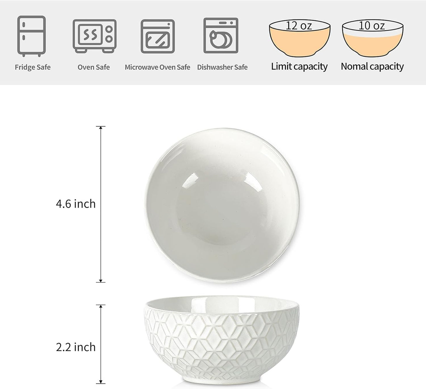 Sureasy Ceramic Ice Cream Bowls Set of 4-12 oz White Small Dessert Bowls for Kitchen, Perfect for Rice, Fruit and Sauce, Microwave & Dishwasher Safe