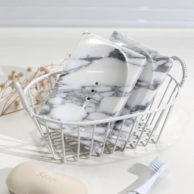 Luxurious Natural Marble Soap Dish Tray Marble Soap Holder Trinket Plate for Bathroom Sink Kitchen Countertop Bedroom Vanity Bathroom Accessory Rectangular (2 Pack)